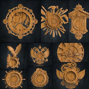May include: A collection of ten wooden clock faces with intricate carvings and designs. The clocks feature various themes, including nautical, steampunk, and traditional.