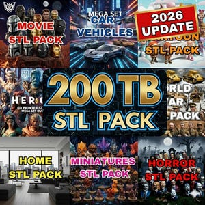 以下が含まれることがあります： さまざまなデジタルSTLパックを紹介するプロモーション画像。「Movie STL Pack」、「Mega Set Car Vehicles」、「2026 Update STL Pack」などのタイトルが含まれています。他のパックには、「200 TB STL Pack」、「Home STL Pack」、「Miniatures STL Pack」、「Horror STL Pack」があります。