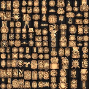 May include: A collage of 100 intricate clock designs, each featuring a unique and detailed carving. The clocks are all in a gold tone and have a variety of shapes and sizes. Some of the clocks are round, some are square, and some are rectangular. The clocks are all set against a black background.