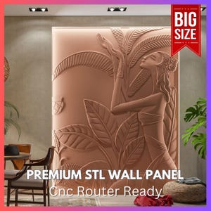 May include: A large, reddish-brown wall panel with a relief sculpture of a woman reaching towards stylized foliage. The panel is labeled "BIG SIZE" and "PREMIUM STL WALL PANEL Cnc Router Ready."