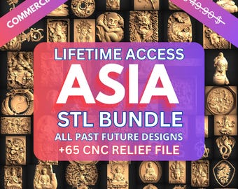 May include: A digital download of 65+ CNC relief files featuring Asian-inspired designs. The files are compatible with CNC machines and include a variety of styles, such as dragons, Buddhas, and other traditional Asian motifs. The image shows a collage of the different designs available in the bundle.