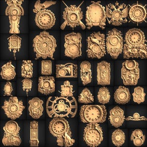 May include: A collection of 36 ornate clock face designs, each with intricate carvings and details. The clocks are in a variety of styles, including traditional, modern, and whimsical. They are all made of a light brown material, possibly wood or metal.