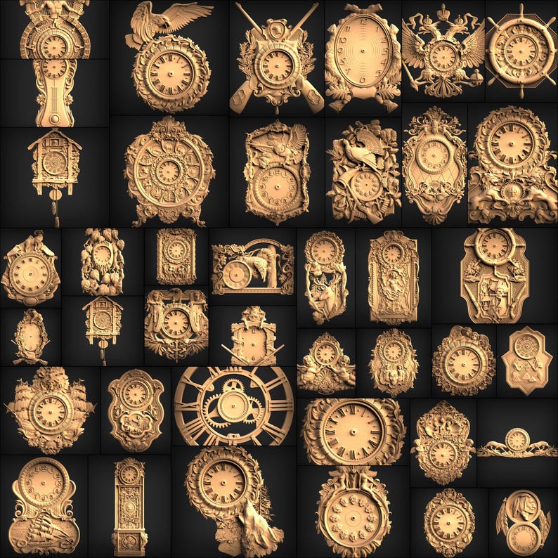 May include: A collection of 36 ornate clock face designs, each with intricate carvings and details. The clocks are in a variety of styles, including traditional, modern, and whimsical. They are all made of a light brown material, possibly wood or metal.
