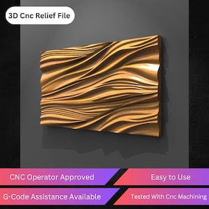 May include: A rectangular, wooden relief sculpture with a wave-like pattern. The sculpture is a warm, golden brown color and is mounted on a dark gray background. Text at the top reads "3D Cnc Relief File". Additional text at the bottom includes "CNC Operator Approved" and "Easy to Use".