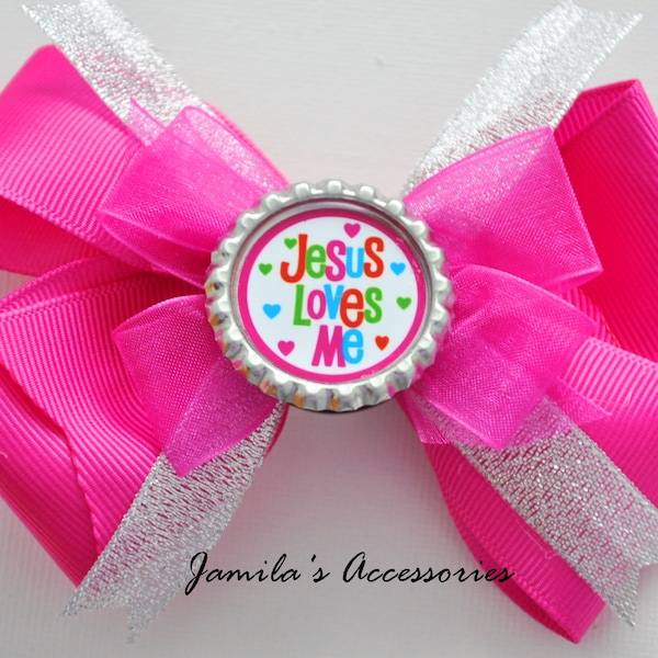 Pink Hair Bow, Jesus Loves Me Double Layered Hair Bow 4 to 5 Inches long, Bottle cap hair bow