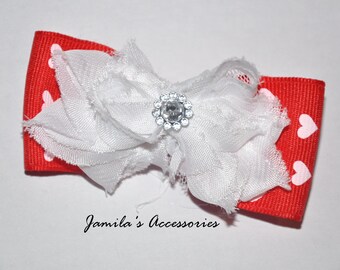 Heart Valentine Hair Bow, Red hair bow, white hair bow, Valentine bow, holiday hair bow, large hair bow, Red Valentine Hair Bow