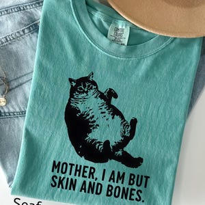 May include: Seafoam green t-shirt with a black graphic of a cat lying on its back. The text "MOTHER, I AM BUT SKIN AND BONES" is printed below the cat. A tan hat and blue jeans are in the background.