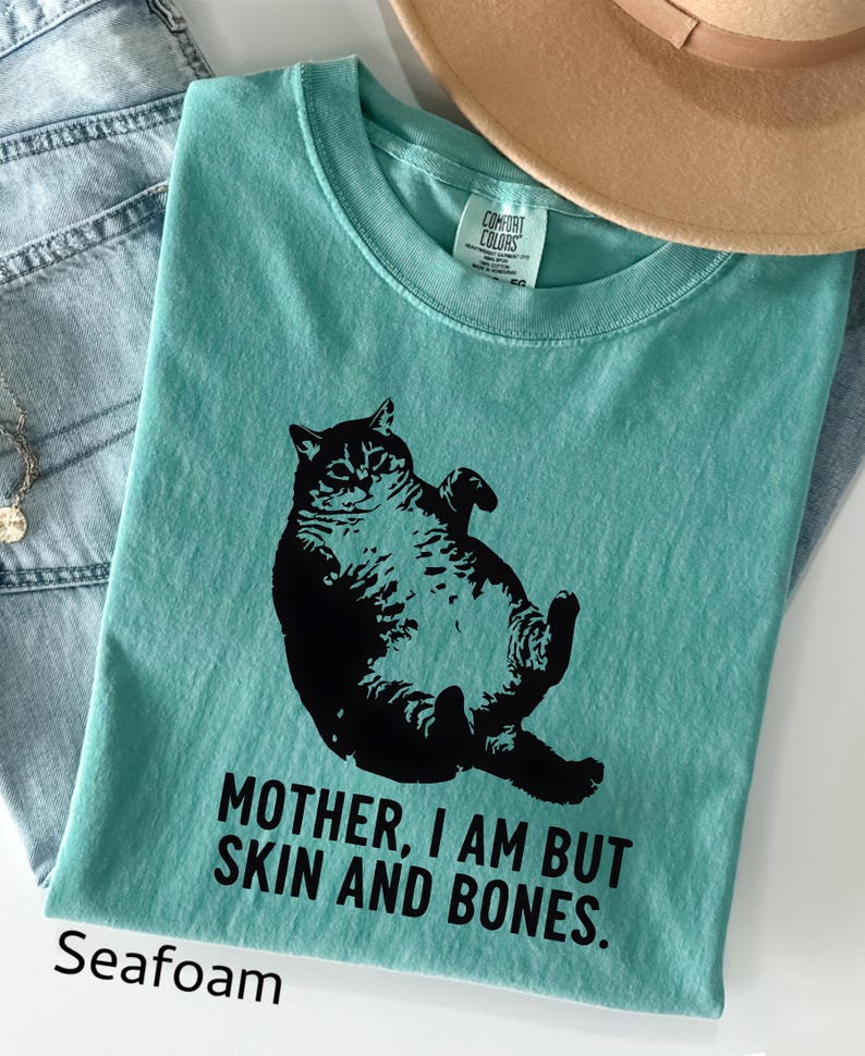 May include: Seafoam green t-shirt with a black graphic of a cat lying on its back. The text "MOTHER, I AM BUT SKIN AND BONES" is printed below the cat. A tan hat and blue jeans are in the background.