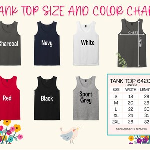 K&ouml;nnte beinhalten: Eine Gr&ouml;&szlig;entabelle und Farbkarte f&uuml;r Tanktops zeigt sechs Tanktops in verschiedenen Farben: Anthrazit, Marine, Wei&szlig;, Rot, Schwarz und Sportgrau. Die Tabelle enth&auml;lt eine Gr&ouml;&szlig;entabelle mit Ma&szlig;en in Zoll f&uuml;r die Gr&ouml;&szlig;en S bis 2XL.