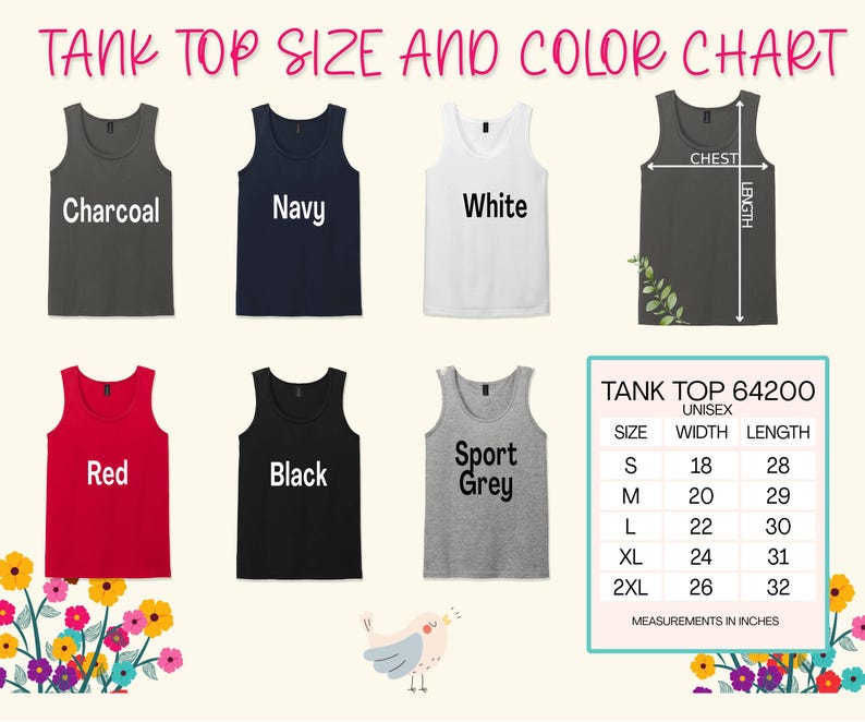 K&ouml;nnte beinhalten: Eine Gr&ouml;&szlig;entabelle und Farbkarte f&uuml;r Tanktops zeigt sechs Tanktops in verschiedenen Farben: Anthrazit, Marine, Wei&szlig;, Rot, Schwarz und Sportgrau. Die Tabelle enth&auml;lt eine Gr&ouml;&szlig;entabelle mit Ma&szlig;en in Zoll f&uuml;r die Gr&ouml;&szlig;en S bis 2XL.