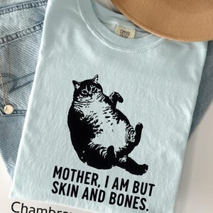 May include: Light blue t-shirt with a black graphic of a cat lying on its back. The text "MOTHER, I AM BUT SKIN AND BONES" is printed below the cat. The word "Chambray" is printed at the bottom left.