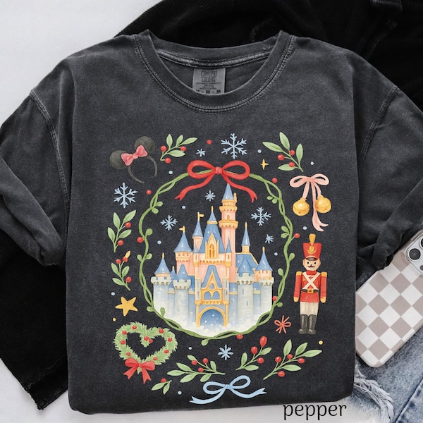 Comfort Colors® Retro Coquette Bow Christmas Shirt, Tis The Season To Sparkle Tee, Fairytale Castle Holiday Shirt