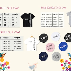 May include: Size charts for youth, toddler, and baby bodysuits. Measurements are in inches and pounds. Includes chest and length measurements for t-shirts and bodysuits. Color options include black, white, and navy.