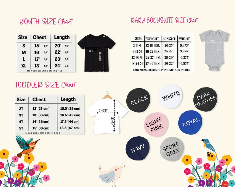 May include: Size charts for youth, toddler, and baby bodysuits. Measurements are in inches and pounds. Includes chest and length measurements for t-shirts and bodysuits. Color options include black, white, and navy.