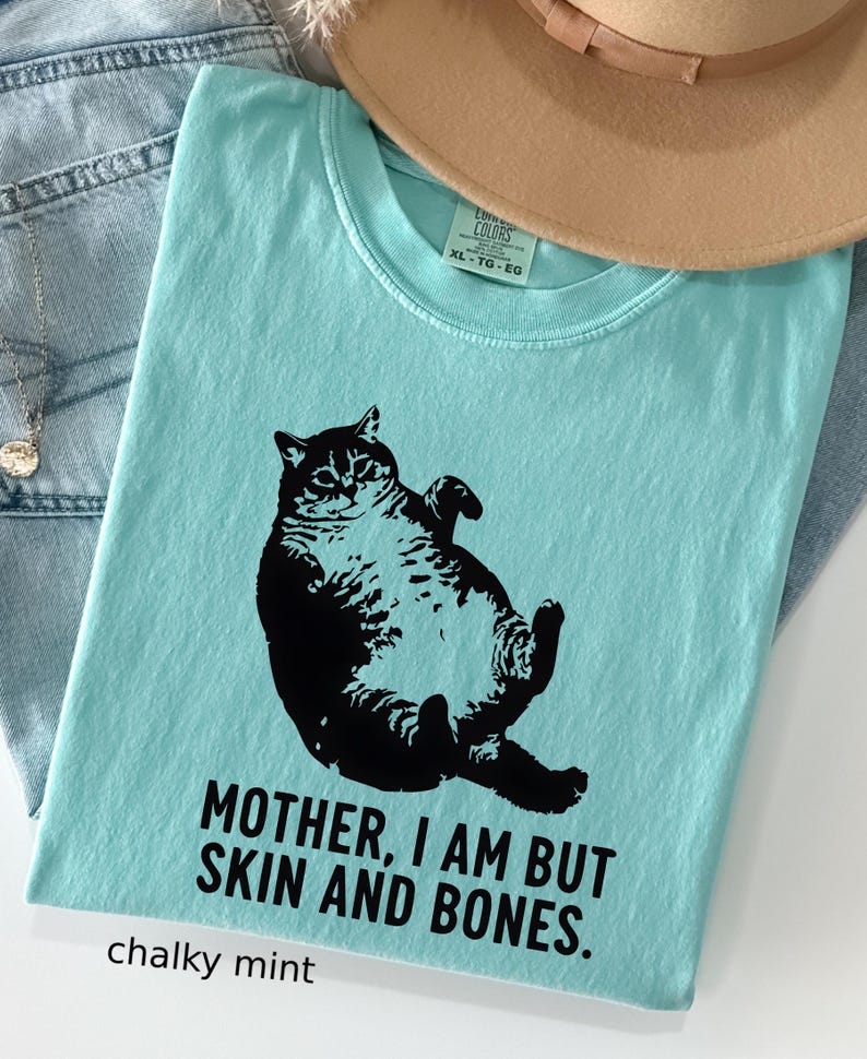 May include: A light blue t-shirt with a black graphic of a cat lying on its back. The text "MOTHER, I AM BUT SKIN AND BONES" is printed below the cat. The shirt is labeled "chalky mint".