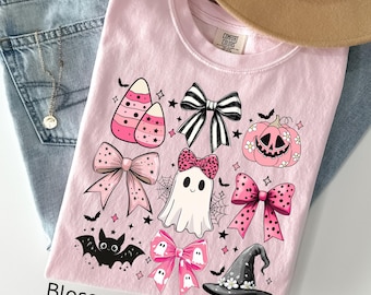 Comfort Colors Pink Halloween Shirt: Bows, Ghosts, and Pumpkins