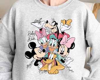 Retro Mickey and Friends Signatures Sweatshirt, Disneyland Magical Shirt, Disney Mouse Head Tee, Mickey Family Trip Gift
