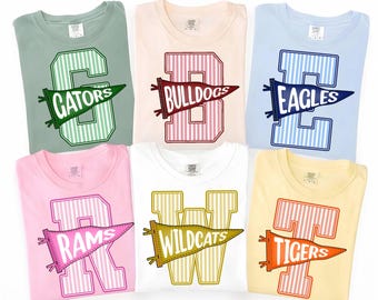 Comfort Colors® Personalized School Mascot  TShirt, Gingham Varsity Letter Graphic Tee Game Day Team Shirt, Back To School Gift, Teacher Tee