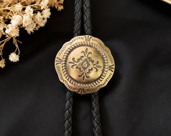 Vintage Concho Bolo Tie in Solid Brass, Western Cowboy Necktie with Antique Gold Floral Design, Weddings & Western Style Outfits