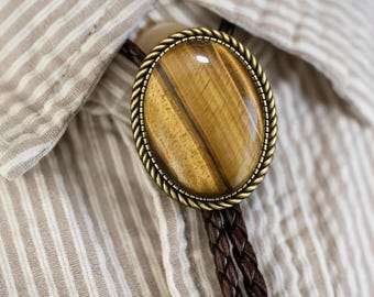 Corbata de bolo con piedra preciosa de ojo de tigre para hombre, corbata de boda de vaquero con piedra preciosa natural / Corbata de bolo de vaquero, regalo para amantes de los padrinos de boda
