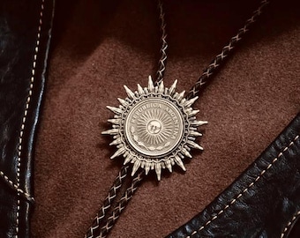 Retro Coin Cowboy Bolo Tie - Western Gifts for Him Leather Cowboy Necktie Accessories Silver Black Brown bolo tie with Wedding cowboy wear