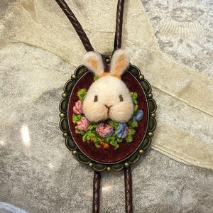 Embroidery Rabbit bolo tie, Embroidered Floral with Crocheted pet Necktie Pendant suitable for western cowboy wear/T-shirts, Gift for her