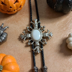 Cross Bolo Tie with Mother of Pearl, Western Cowboy Wedding Necktie, Silver Frame Bolo Tie for Him or Her, Wedding bolo tie for grooms