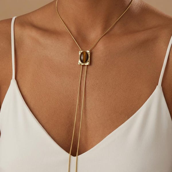 Women’s Bolo Tie Necklace with Natural Tiger Eye Gemstone, Vintage Western Y Necklace Gold Chain, Cowgirl Jewelry Old Money Style Pendant