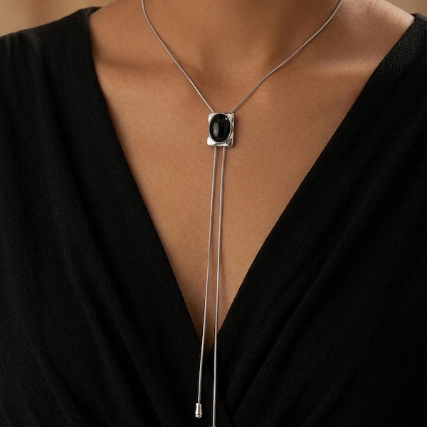 Silver Bolo Tie Necklace for Women, Black Onyx Y Necklace, Western Minimalist Cowboy Necklace with Adjustable Chain, Gift for Her