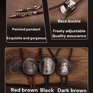 May include: A collection of bolo ties with coin-shaped pendants and leather cords. The image shows three ties with different colored cords: red-brown, black, and dark brown. The text in the image says "Red brown Black Dark brown".