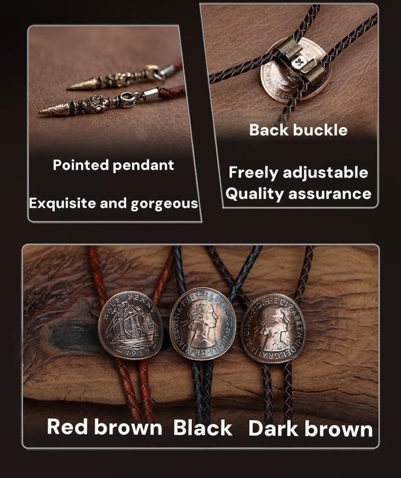 May include: A collection of bolo ties with coin-shaped pendants and leather cords. The image shows three ties with different colored cords: red-brown, black, and dark brown. The text in the image says "Red brown Black Dark brown".