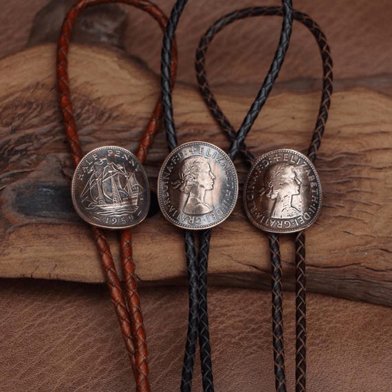 Vintage western bolo tie with ancient coin, Country Cowboy Accessories, Leather Rope bolo tie gift for him, wedding fashion gift for him