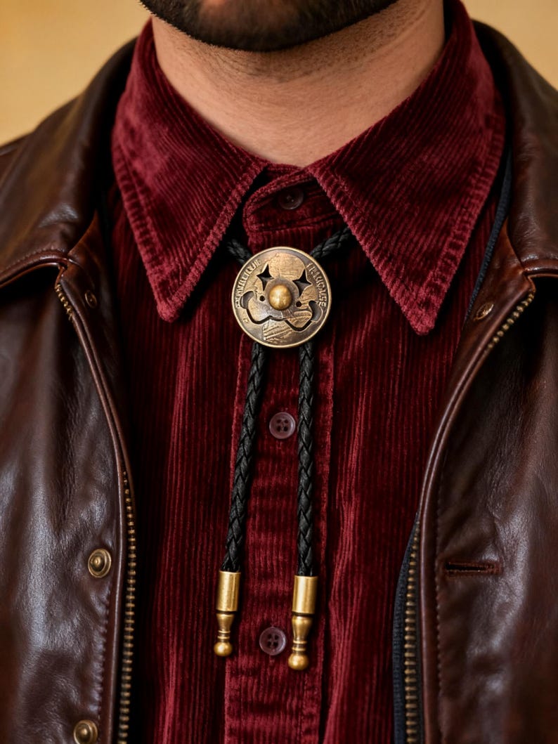 May include: A bronze bolo tie with a circular pendant featuring a decorative design. The pendant hangs from a black braided cord with gold-colored tips. The tie is worn over a burgundy corduroy shirt and a brown leather jacket.