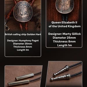 May include: A collection of vintage-style pendants and bolo ties. One features a 1959 British sailing ship coin, another a Queen Elizabeth II coin. The image also shows antique bronze column pendants and dark pattern pendants.