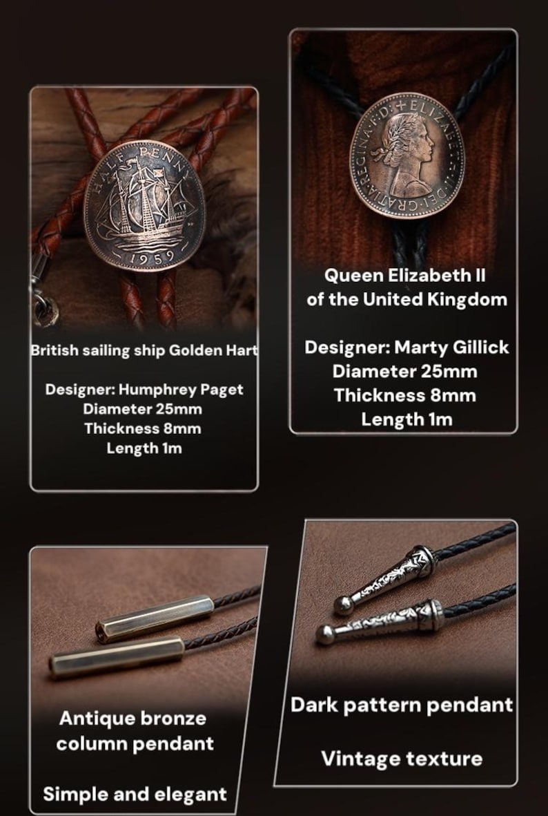 May include: A collection of vintage-style pendants and bolo ties. One features a 1959 British sailing ship coin, another a Queen Elizabeth II coin. The image also shows antique bronze column pendants and dark pattern pendants.