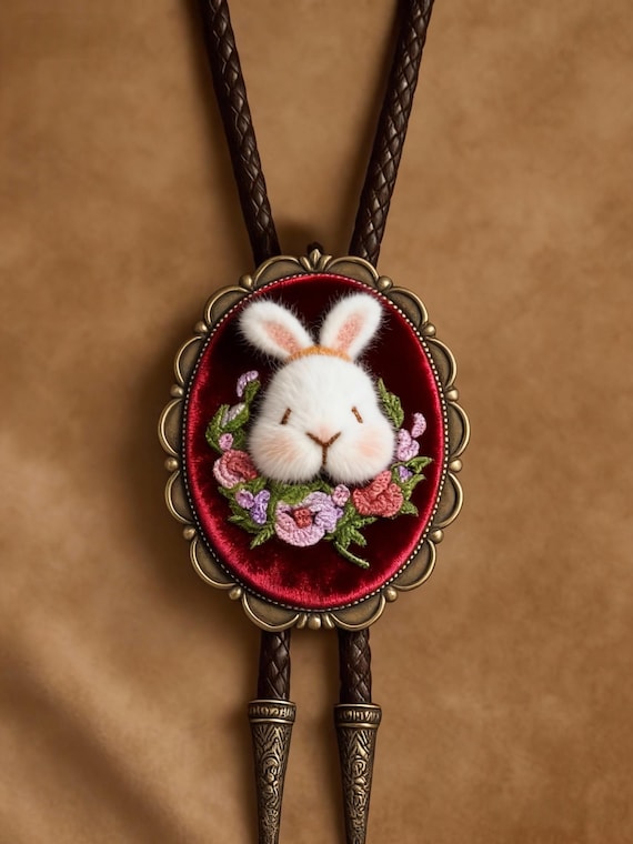 Embroidery Rabbit bolo tie for her, Embroidered cowgirl necktie with Crocheted pet suitable for western style wear, Gift for her