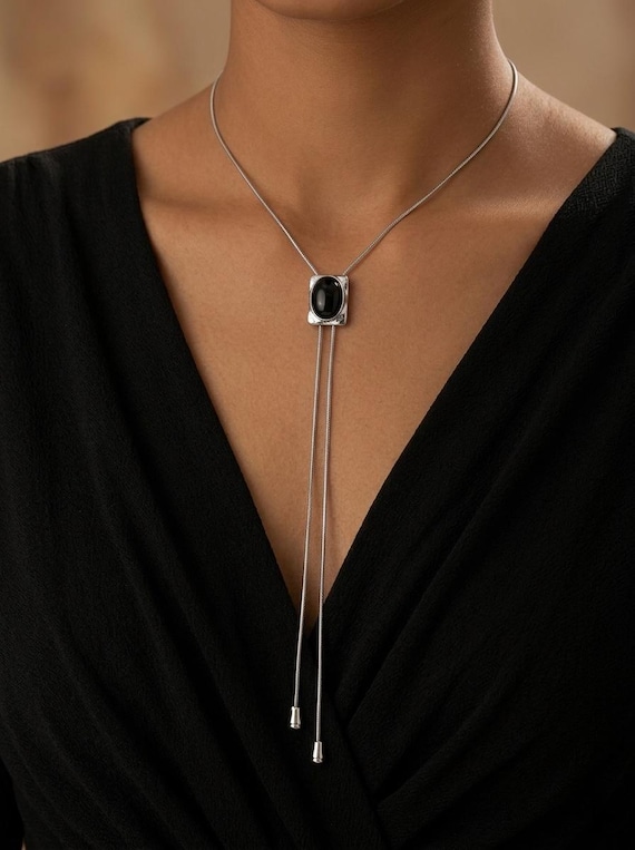 Silver Bolo Tie Necklace for Women, Black Onyx Y Necklace, Western Minimalist Cowboy Necklace with Adjustable Chain, Gift for Her
