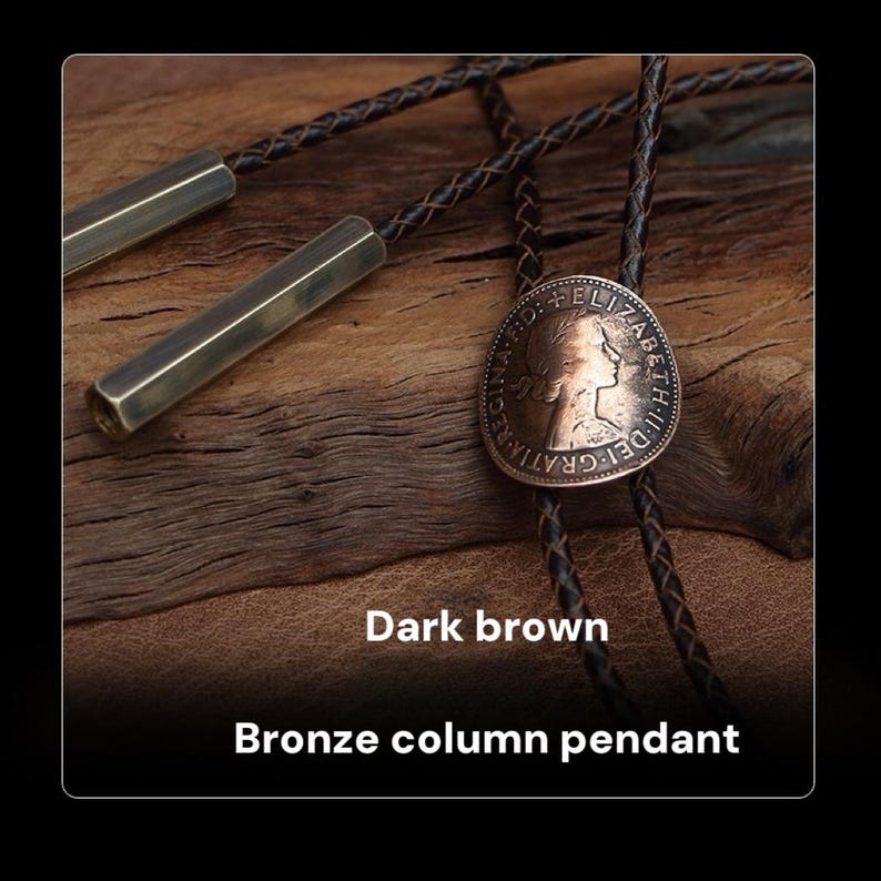 May include: A dark brown bolo tie with a bronze column pendant. The pendant features a coin design with text. The tie has a braided leather cord and bronze-colored metal tips.