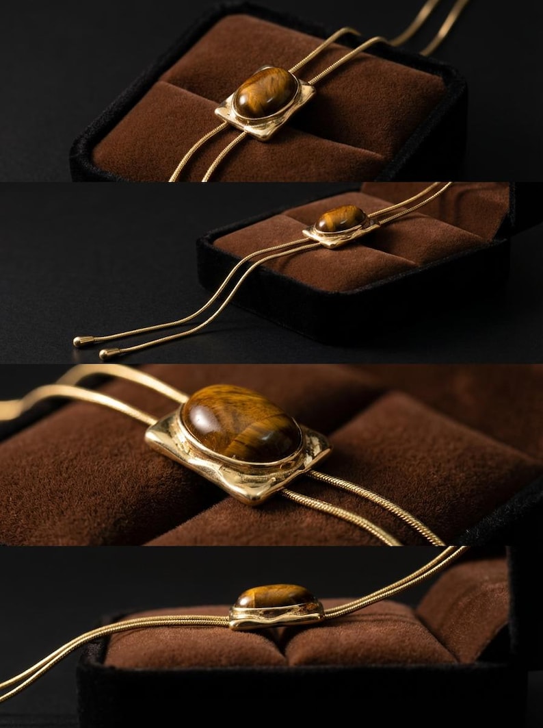 Minimalist women’s western jewelry with gold sliding chain and tiger eye pendant perfect for dresses and blouses.