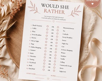 Bridal Shower Would She Rather Game | Terracotta Printable Party Activity | Bride to Be Celebration
