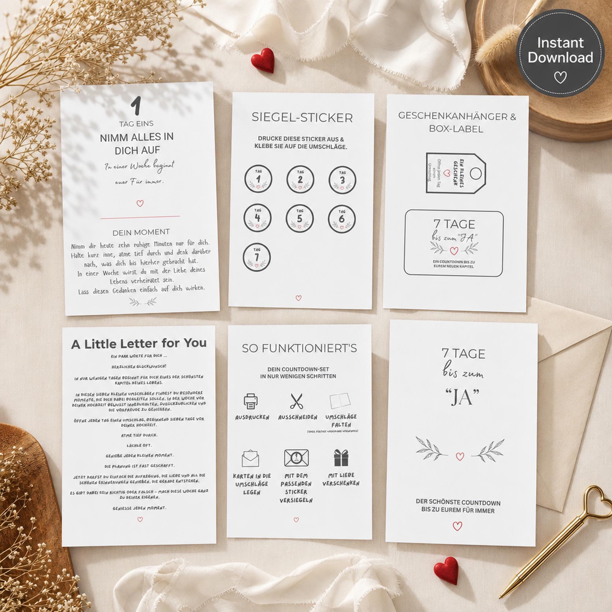 German seven-day wedding countdown printable set with cards, stickers, gift tags and box labels displayed on fabric flat lay