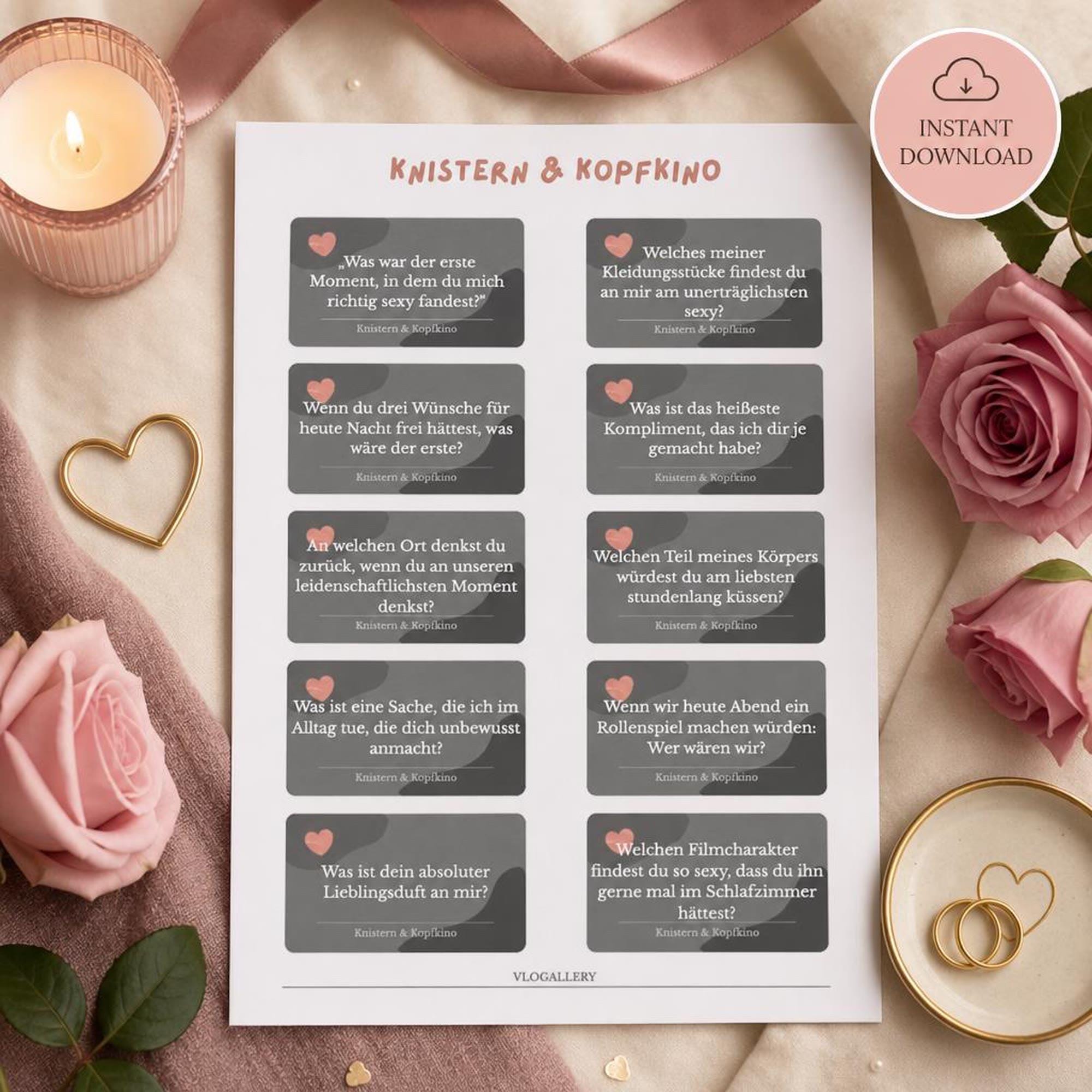 German printable couples question cards on a white sheet, styled with pink roses, candle, ribbon, heart dish and instant download badge