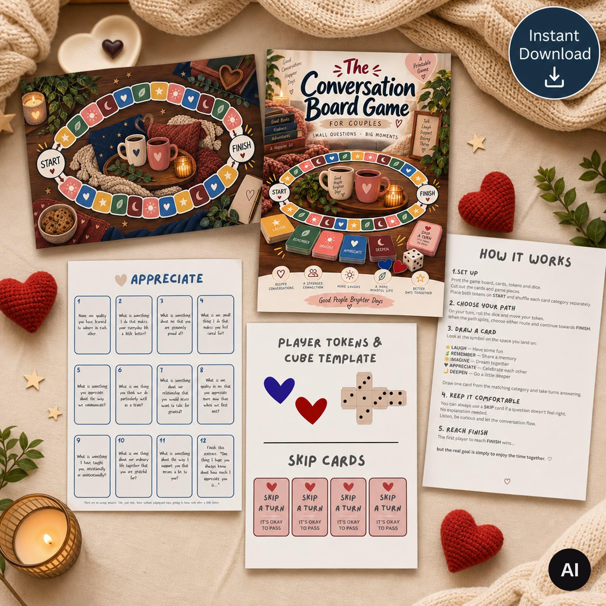 Conversation board game printable with colorful path board, question cards, instructions, tokens and skip cards on a cozy tabletop setup
