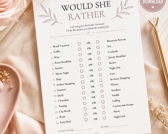 Bridal Shower Would She Rather Game | Printable Dusty Rose Activity | Bride to Be Celebration