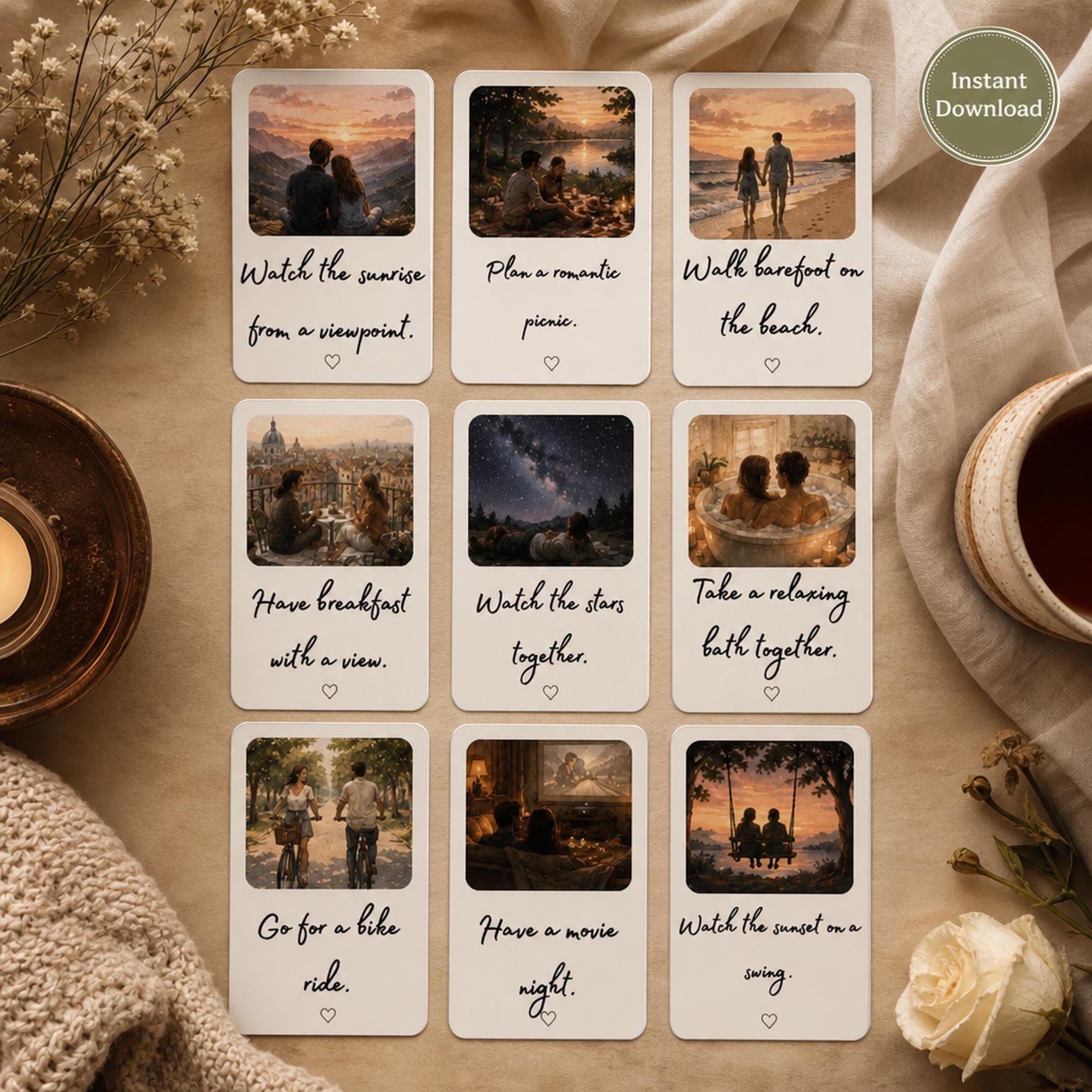 Romantic date night idea cards with vintage-style couple illustrations, arranged in rows on beige fabric with instant download badge.