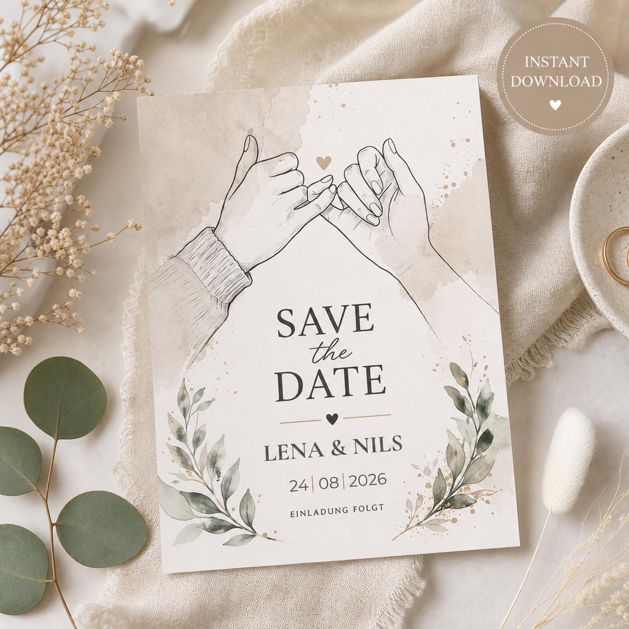 Printable wedding save-the-date card with illustrated hands, greenery, names Lena & Nils, and date 24/08/2026 beside dried flowers