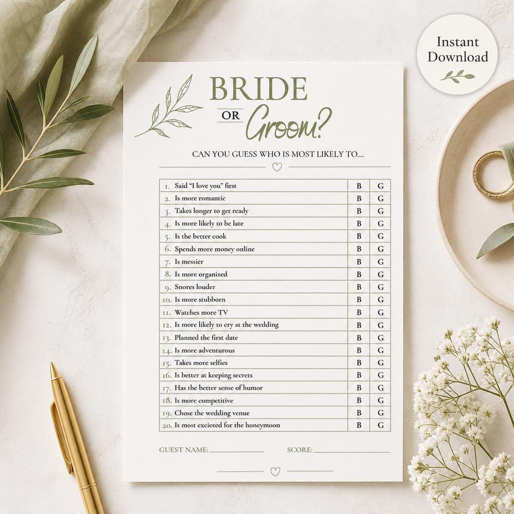 Printable “Bride or Groom?” bridal shower game card with green botanical design, gold pen, leaves, flowers, and instant download badge
