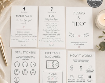 Printable Wedding Countdown | 7-Day Bridal Card Kit | Bride to Be Keepsake