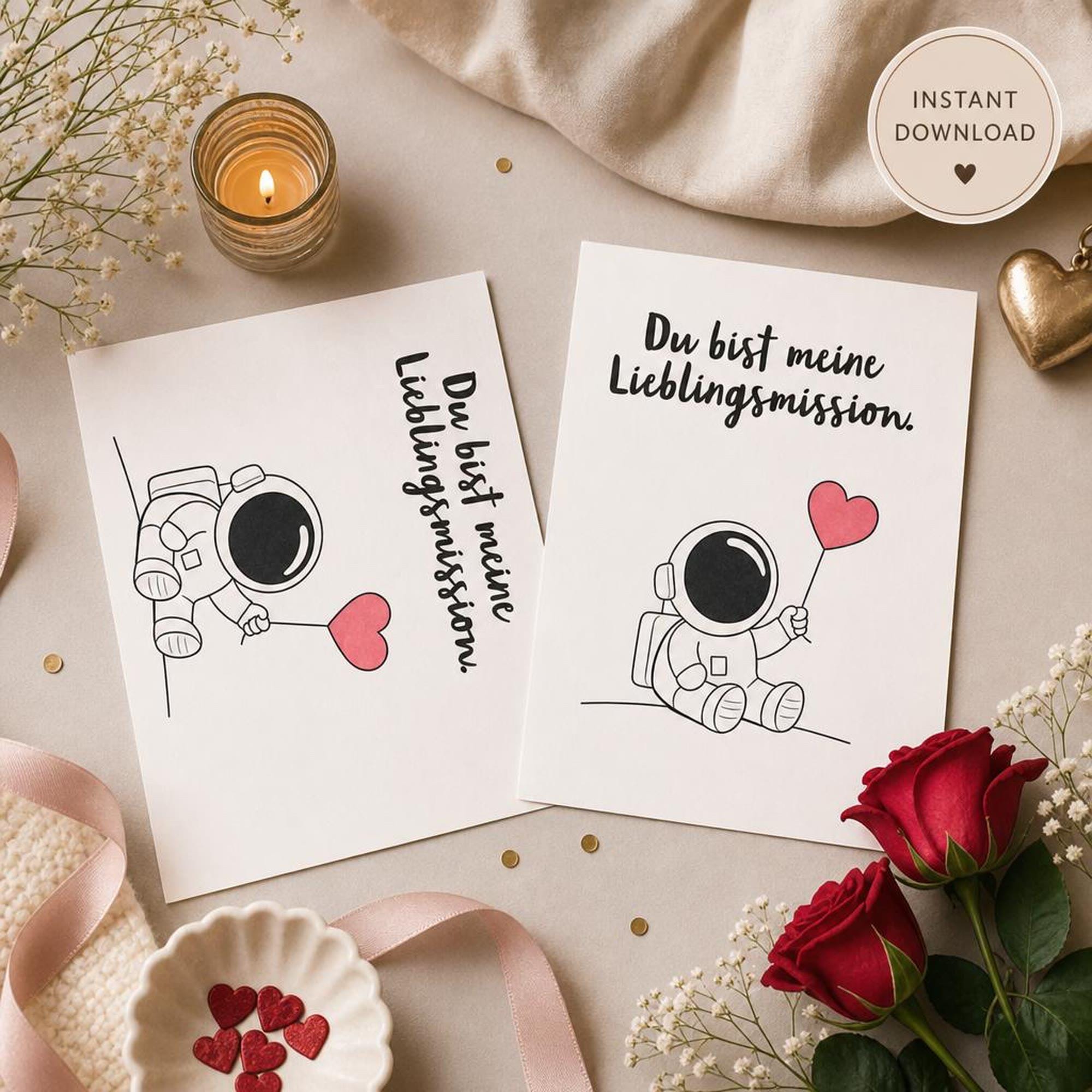 Two white astronaut love prints with black lettering and red hearts, styled with flowers, roses, candle, ribbon, and heart confetti