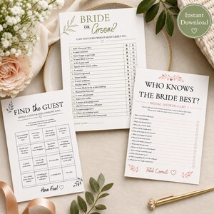 Bridal Shower Games Bundle | Printable Wedding Activities, 5 Colour Themes | Bachelorette Party Celebration